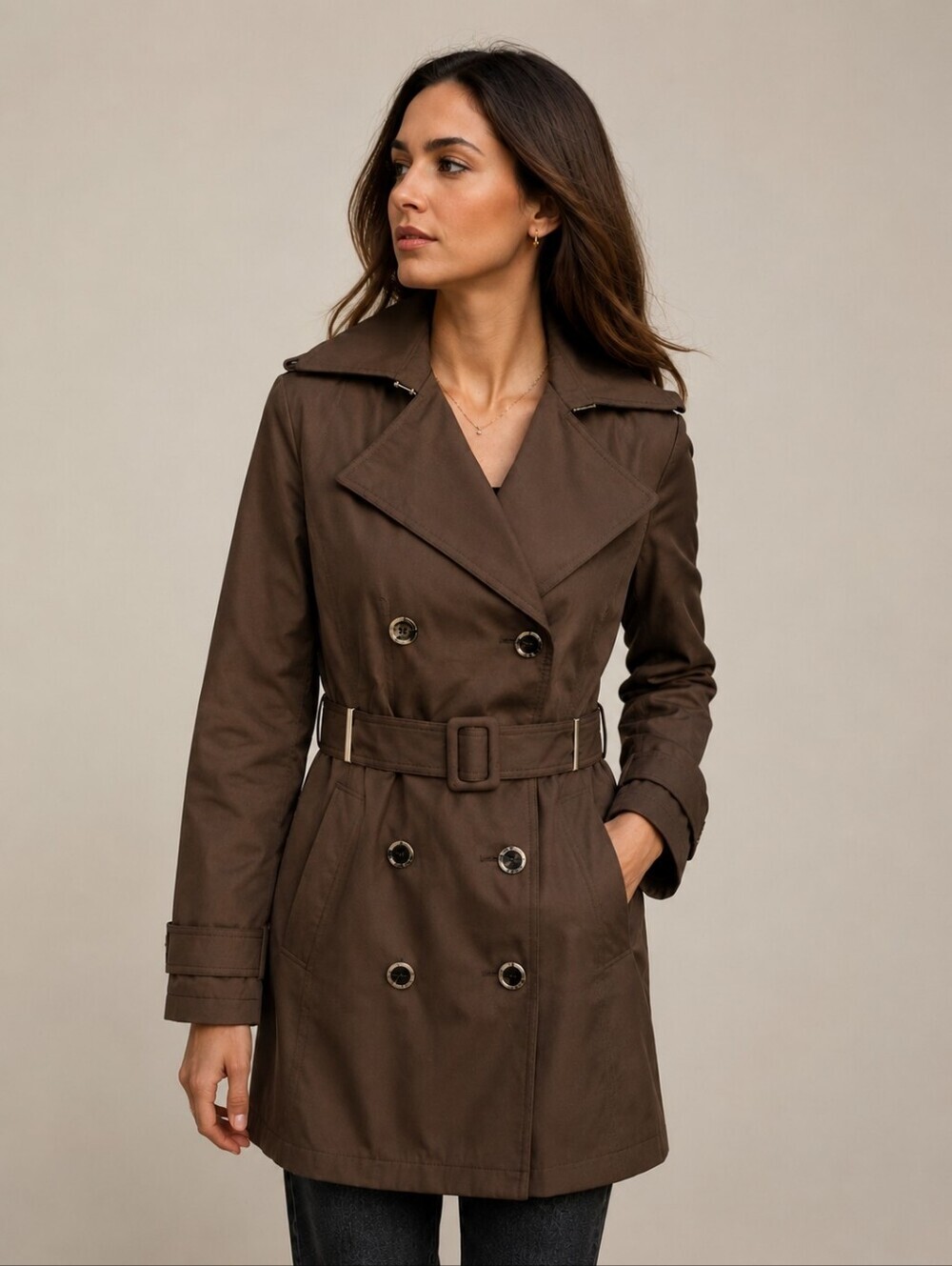 Calvin Klein Womens trench jacket coat Sz S brown button down, waist belt